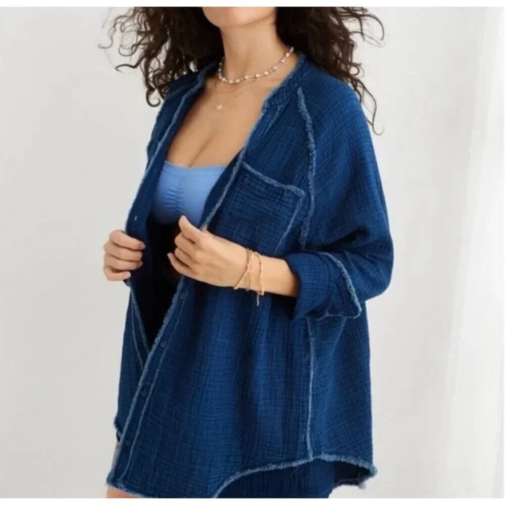 Aerie Sz M Oversized Indigo Blue Gauze Cover Up Button Down Shirt Dress Pocket - Picture 12 of 14